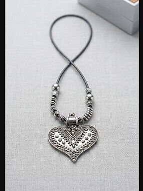 Bohemian Burnished Silver Heart Pendant on Adjustable Black Cord Necklace